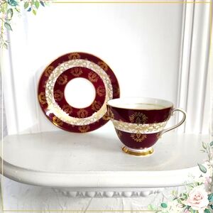 Royal Grafton Teacup and Saucer , Burgundy Gold Teacup , Bone China Tea Cup 